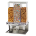 Thumbnail image #1 for Cal-Mil 22355-3-55 Countertop Cereal Dispenser, 3 Clear Acrylic Bins, Push-Tab Mechanism, Crumb Catcher, Stainless Steel Base