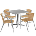Thumbnail image #1 for Flash Furniture TLH-ALUM-32SQ-020BGECHR4-GG Square Stainless-Steel-Top Table Set with 4 Beige Rattan Stacking Chairs, Aluminum Frames