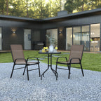 Thumbnail image #2 for Flash Furniture TLH-0701303C-BN-GG 3-Piece Outdoor Patio Dining Set with 23.75-Inch Round Tempered Glass Table and 2 Brown Stack Chairs