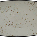 Thumbnail image #1 for International Tableware Splash™ SH-13-CR Stoneware Platter, 11-5/8" x 5-7/8", Organic Rectangle, Reactive Glaze, Crème with Dark Brown Trim 1 Dozen
