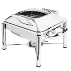 Thumbnail image #1 for Eastern Tabletop Crown 3934GPL 6 qt Square Stainless Steel Induction Chafer with Hinged Glass Lid and Pillared Stand