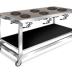 Thumbnail image #1 for Eastern Tabletop Hub Buffet HK945D6GGS 6-Burner Induction Buffet Table, Mobile Open Design with Undershelf, 66-3/4"W x 31-1/2"D x 32-3/4"H