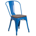 Thumbnail image #1 for Flash Furniture CH-31230-BL-WD-GG Stacking Side Chair, Blue Galvanized Steel, Curved Metal Slat Back, Textured Wood Seat