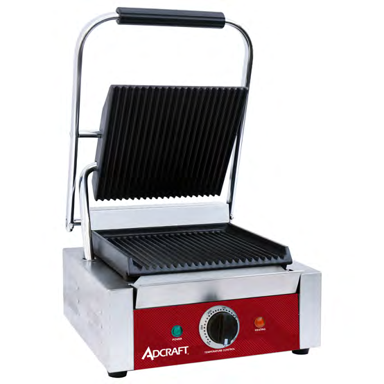 Product image #2 for Adcraft Single Countertop Sandwich Grill / Panini Press with Grooved Cast Iron Plates