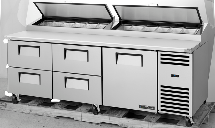Product image #5 for True 93.5-Inch Self-Contained Refrigerated Pizza Prep Table with 1 Door and 4 Drawers