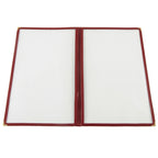 Thumbnail image #1 for CAC China MCP2-914BY Vinyl 2-Pocket Booklet Menu Cover, 8-1/2" x 14", Clear Double-Sided View, Brass Corners, Burgundy Trim Case of 100