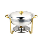 Thumbnail image #1 for CAC China Luminous CAFR-203 4 qt Round Stainless Steel Chafing Dish with Gold Accent Handles and Lift-Off Cover