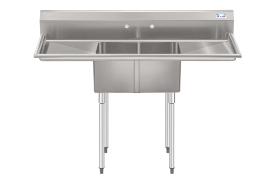 Product image #4 for KoolMore 56-Inch Two-Compartment Stainless Steel Commercial Sink with Dual Drainboards and Backsplash