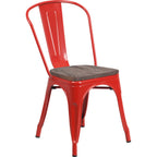 Thumbnail image #1 for Flash Furniture CH-31230-RED-WD-GG Stackable Metal Side Chair with Curved Vertical-Slat Back and Textured Wood Seat, Red