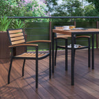 Thumbnail image #1 for Flash Furniture 2-XU-DG-HW6006-GG Stackable Faux Teak Side Chair, Wood Seat and Back, Rustic Walnut Finish, Outdoor Use