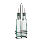 Thumbnail image #1 for TableCraft Products Prima H9085NBK Popcorn Oil Bottle Set, Two 8.5 oz Green-Tint Glass Bottles with Stainless Pourers and Black Metal Rack Case of 6
