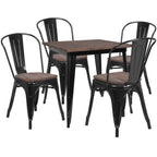 Thumbnail image #1 for Flash Furniture CH-WD-TBCH-18-GG Square Table and 4 Stackable Chairs Set, Elm Wood Top, Galvanized Steel Frame, Black