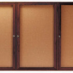 Thumbnail image #1 for AARCO WBC4896-3R Enclosed Wall-Mounted Bulletin Board, 96"W x 48"H, 3 Swing Doors, Red Oak Frame, Cork Back