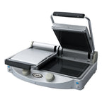 Thumbnail image #1 for Cadco CPG-20F Commercial Double Clamshell Panini Grill, Glass-Ceramic Smooth Top & Bottom Plates, Dual 9-7/8" Grill Areas, Individual Controls