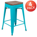 Thumbnail image #1 for Flash Furniture Cierra 4-ET-31320W-24-TL-R-GG 24-Inch Teal Wood Seat Indoor Bar Stool, Stackable Metal Frame
