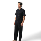 Thumbnail image #1 for Chef Works CBN03-BLK-S Men's Black Short-Sleeve Double-Breasted Chef Coat, Poly/Cotton, Small