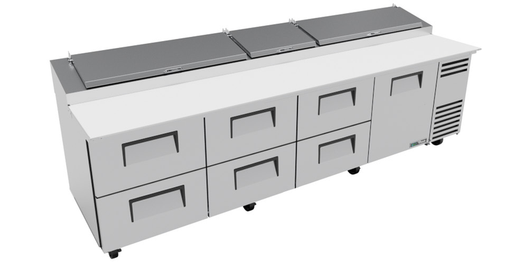 Product image #11 for True 119-1/4-Inch 4-Section Pizza Prep Table with 1 Door, 6 Drawers, and Self-Contained Side-Mounted Refrigeration