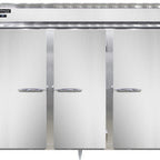 Thumbnail image #1 for Continental Refrigerator Designer Line D3RENSAPT-SD-GD Three-Section Pass-Thru Reach-In Refrigerator, Self-Contained, Stainless Steel, Glass Rear