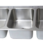 Thumbnail image #4 for BK Resources DDI3-162012224 3-Compartment Deep-Drawn Stainless Steel Drop-In Sink, 55-3/4"W x 25"D x 12"H, 16" x 20" x 12" Bowls