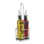 Thumbnail image #1 for TableCraft Products Gemelli H918N Green-Tint Glass Bottle Set, 2 x 8.5 oz, Stainless Steel Pourers, Chrome-Plated Rack Case of 6