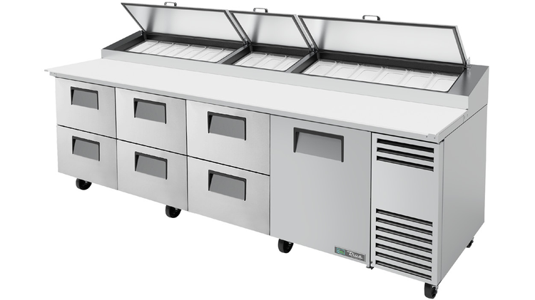 Product image #5 for True 119-1/4-Inch 4-Section Pizza Prep Table with 1 Door, 6 Drawers, and Self-Contained Side-Mounted Refrigeration