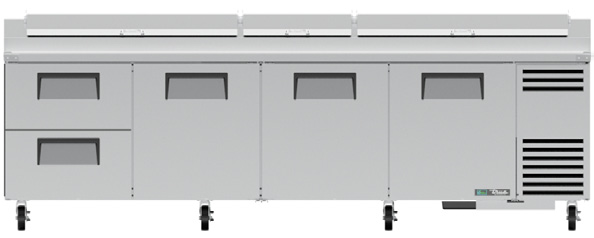 Product image #6 for True 119-1/4-Inch Pizza Prep Table with 3 Solid Doors, 2 Drawers and Alternate Top, R290 Self-Contained Refrigeration
