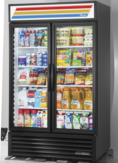 Product image #5 for True Two-Section Glass Door Merchandiser Refrigerator with Hinged Low-E Glass Doors and 8 Shelves