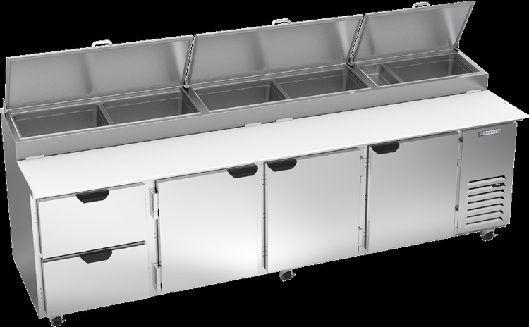 Product image #5 for Beverage-Air DPD119HC-2 119-Inch Four-Section Pizza Top Refrigerated Prep Table with 2 Drawers and 3 Doors
