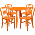 Thumbnail image #1 for Flash Furniture CH-51090TH-4-18VRT-OR-GG Round Table and 4 Metal Chairs Set, 30" Diameter, 29-1/2"H, Orange, Vertical Slat Back
