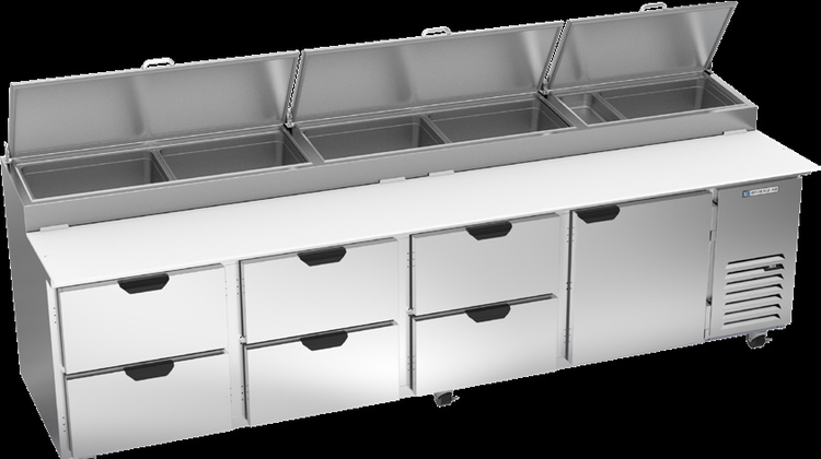 Product image #5 for Beverage Air DPD119HC-6 119-Inch Pizza Top Refrigerated Prep Table with 6 Drawers and 1 Door