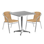 Thumbnail image #1 for Flash Furniture TLH-ALUM-28SQ-020BGECHR2-GG Square Stainless Steel-Top Table Set with 2 Beige Rattan Arm Chairs