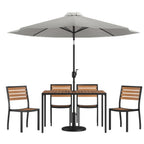 Thumbnail image #1 for Flash Furniture XU-DG-304860364-UB19BGY-GG Patio Dining Table Set, 48 x 30 in Rectangular Faux Teak Table, Gray Umbrella, 4 Stacking Chairs