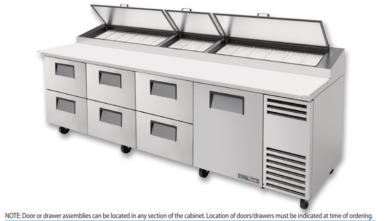 Product image #9 for True 119-1/4-Inch 4-Section Pizza Prep Table with 1 Door, 6 Drawers, and Self-Contained Side-Mounted Refrigeration