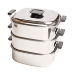 Thumbnail image #1 for Korin Inc TK-304-02A 3-Tier Square Chinese Steamer, 18/8 Stainless Steel, with Handles, 15 x 12 x 13 in.