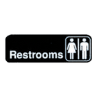 Thumbnail image #1 for TableCraft Products Cash & Carry 394517 Restrooms Sign, 3" x 9", White on Black, Adhesive Backing Case of 144