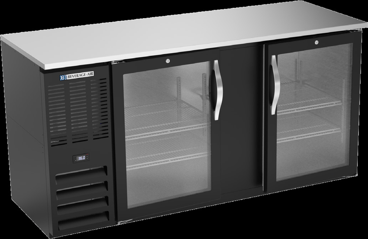 Product image #2 for Beverage-Air 68 Inch Two-Section Shallow Depth Food-Rated Back Bar Refrigerator with 2 Glass Doors and Stainless Steel Top