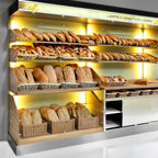 Thumbnail image #1 for Oscartek BS1250 Bread Wall Shelving Display, 2 Wood Shelves, Glass Back Wall, Top Spot Lights