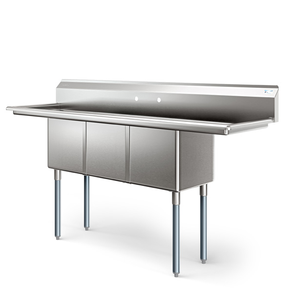 Product image #5 for KoolMore 75-Inch 3-Compartment Commercial Sink with Dual Drainboards, Backsplash, and 16-Gauge 304 Stainless Steel