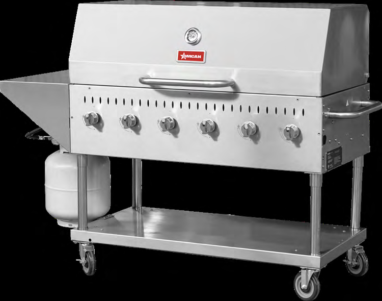 Product image #4 for Omcan 47.2-Inch Mobile Outdoor Propane 6-Burner 304 Stainless Steel BBQ Grill with Roll Dome