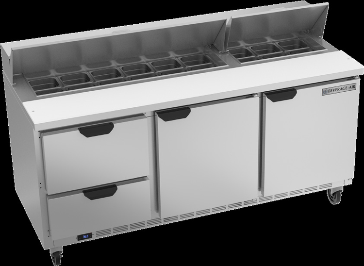 Product image #6 for Beverage-Air 72-Inch Three-Section Sandwich Top Refrigerated Prep Table with 18-Pan Opening, 2 Drawers, 2 Doors and Cutting Board