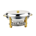 Thumbnail image #1 for CAC China Luminous CAFR-205 6 Qt Oval Stainless Steel Chafing Dish with Lift-Off Cover and Gold Accent Handles