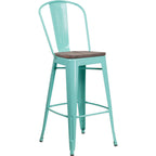 Thumbnail image #1 for Flash Furniture ET-3534-30-MINT-WD-GG Armless Metal Bar Stool with Curved Vertical-Slat Back, Textured Wood Seat, Mint Green