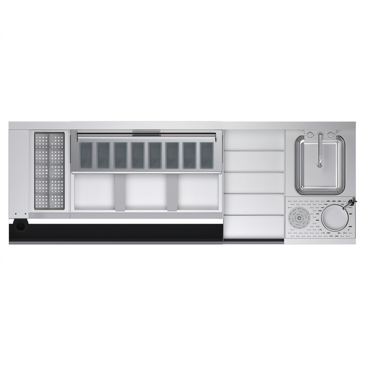 Product image #2 for Krowne Zero-Step Underbar Beverage Workstation with 10-Circuit Cold Plate, Center Ice Bin, Dump Sink and Speedrail, 68" W x 24" D