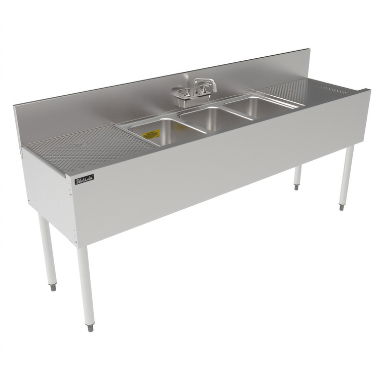 Product image #2 for Top Shelf TS Series Triple-Compartment Stainless Steel Underbar Sink Unit with Left and Right Drainboards, 72 Inch