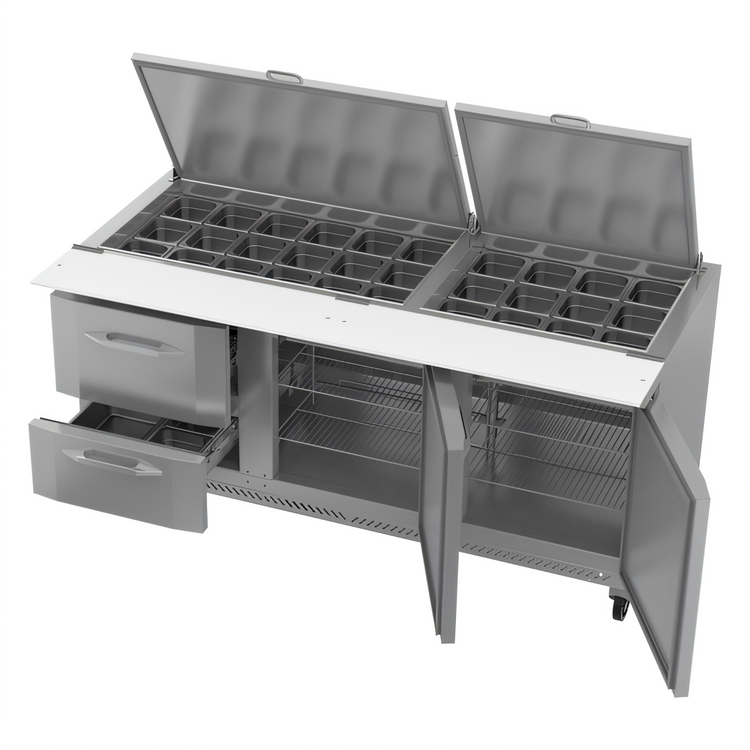 Product image #2 for Victory UltraSpec V-Core 72-Inch Three-Section Sandwich Prep Refrigerator with 2 Doors, 2 Drawers, and 30-Pan Top