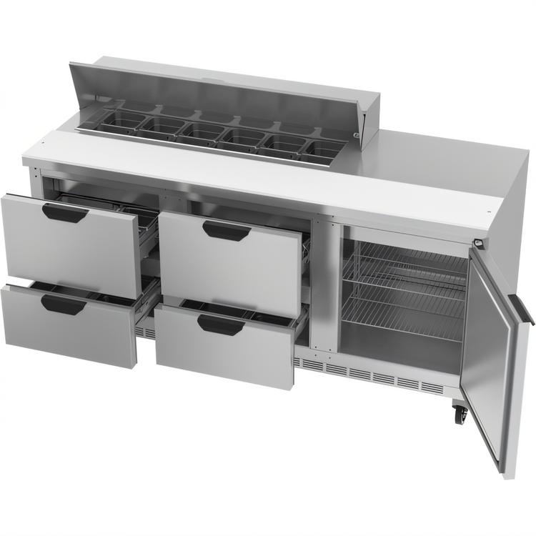 Product image #2 for Beverage-Air 72-Inch Three-Section Sandwich Prep Table Refrigerator with 12-Pan Top, 4 Drawers, and 1 Door