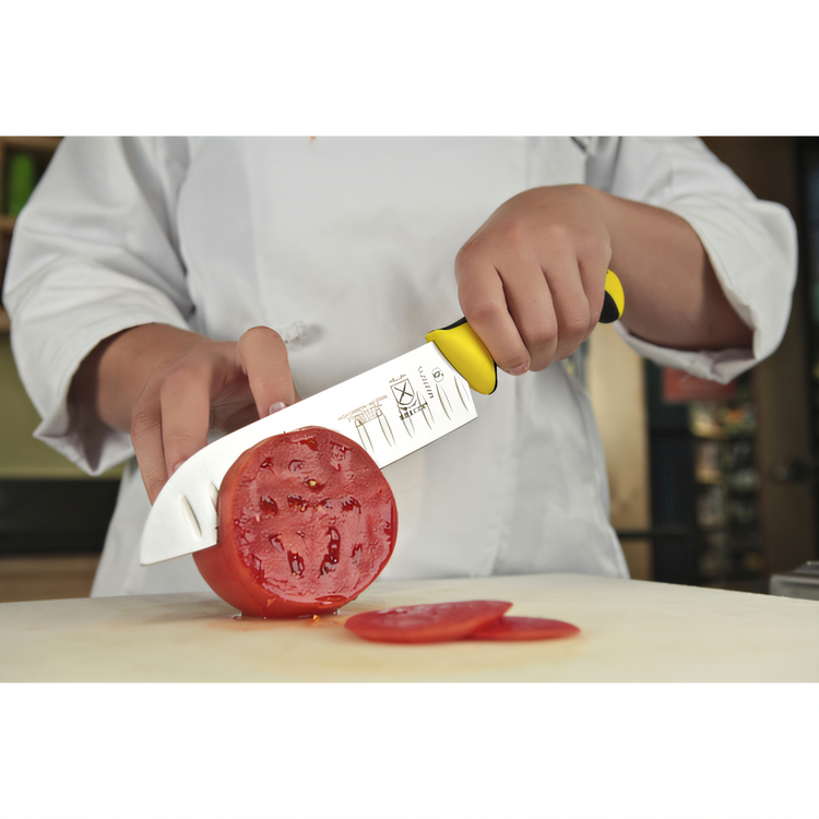 Product image #2 for Mercer Culinary Millennia Colors 7-Inch Yellow Santoku Knife, Stamped High Carbon Japanese Steel, Granton Edge