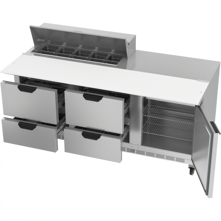 Product image #2 for Beverage-Air 72-Inch Three-Section Sandwich Prep Table Refrigerator with 17-Inch Cutting Board, 10-Pan Rail, 1 Door and 4 Drawers