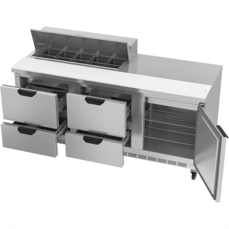 Product image #2 for Beverage-Air 72-Inch Three-Section Sandwich Prep Table Refrigerator with 4 Drawers, 1 Door, and 10-Pan Top