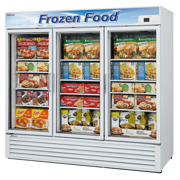 Product image #2 for Turbo Air Three-Section Glass Door Freezer Merchandiser, 58.45 Cu. Ft., Bottom Mount Self-Contained, 115V